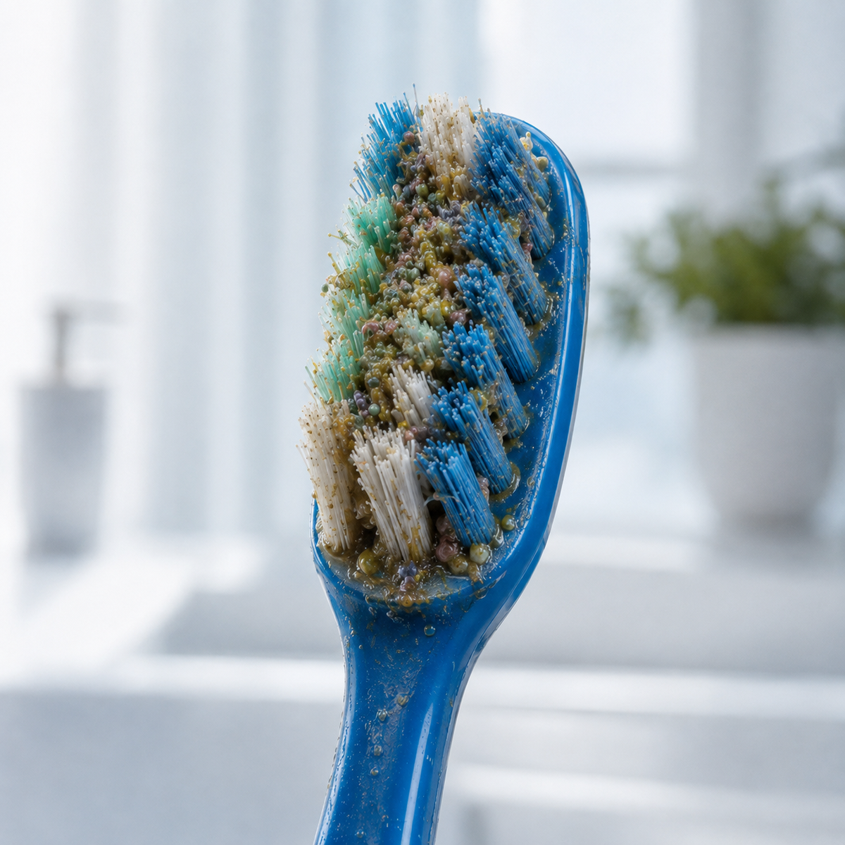 A close-up of a blue toothbrush head covered in heavy buildup of dried toothpaste, plaque, and debris, set against a softly blurred bathroom background.