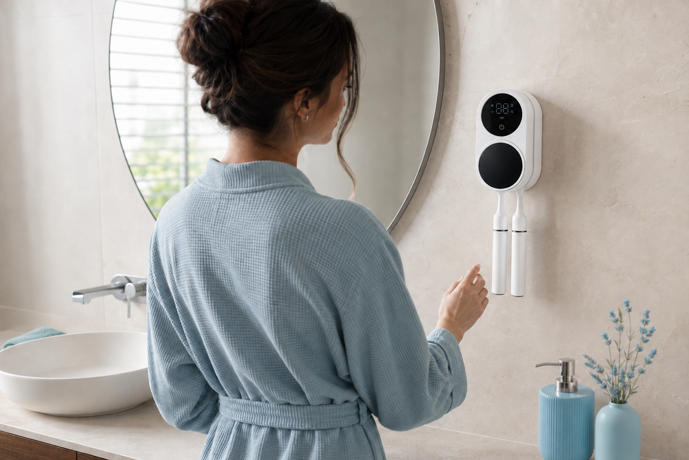 PureDens toothbrush sterilizer in a clean bathroom
