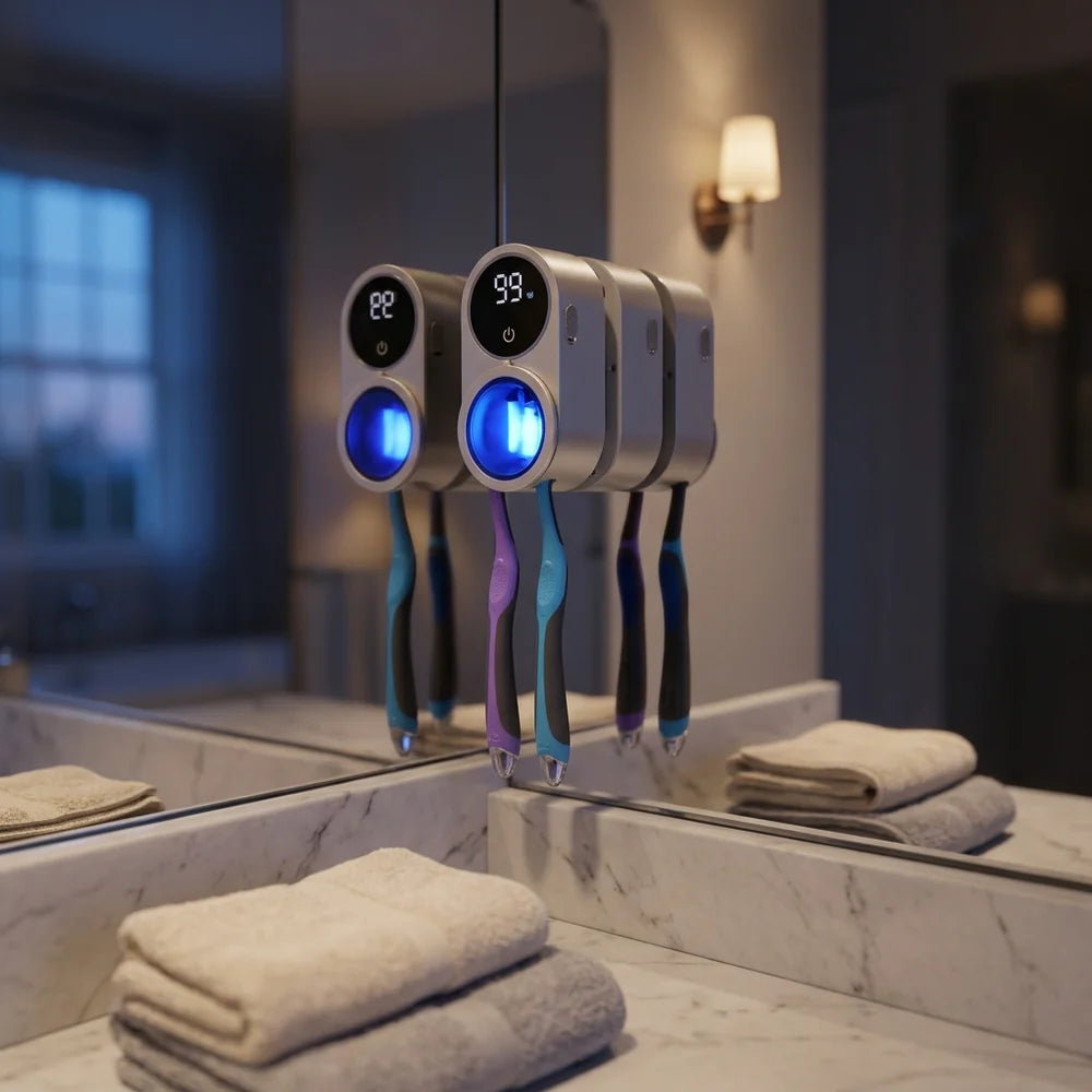 Compact PureDens toothbrush holder mounted above a bathroom counter